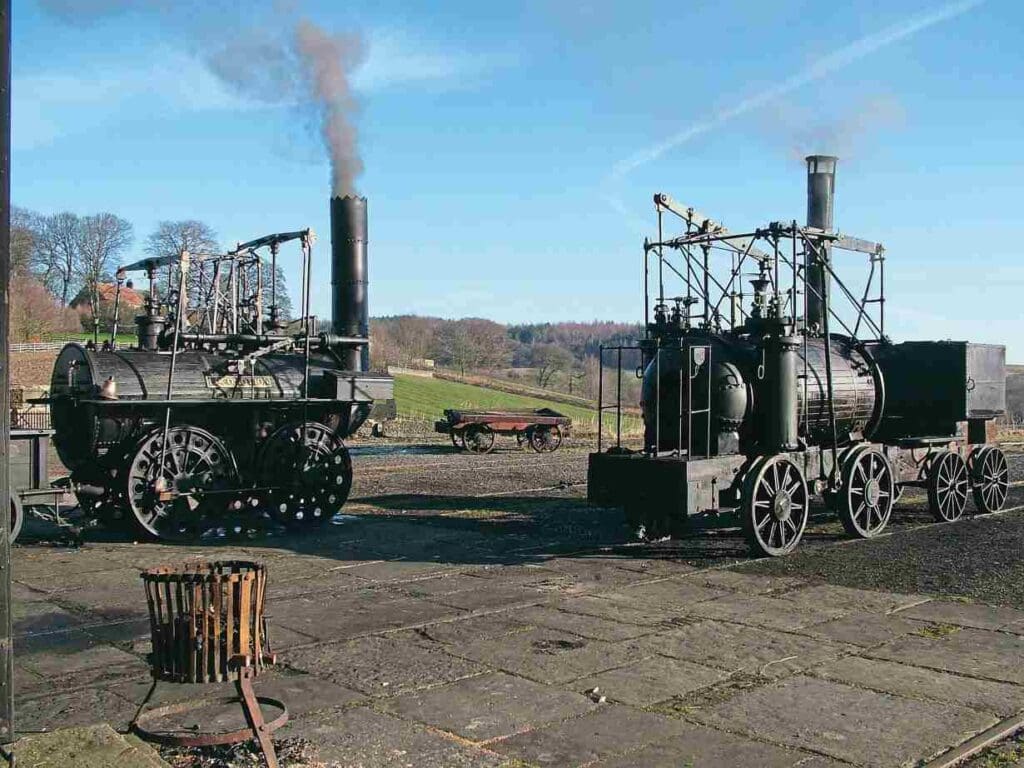 Beamish Museum’s working replicas of Locomotion No.1 (left) and Puffing Billy as seen in 2008. BEAMISH MUSEUM