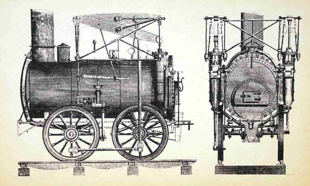 A lithograph of the Stourbridge Lion, the first railway locomotive to run in the United States, as built by Foster, Rastrick & Company.